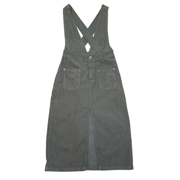Zara Olive Green Corduroy Pinafore Midi Dress Cross Back Straps XS - Picture 2 of 5